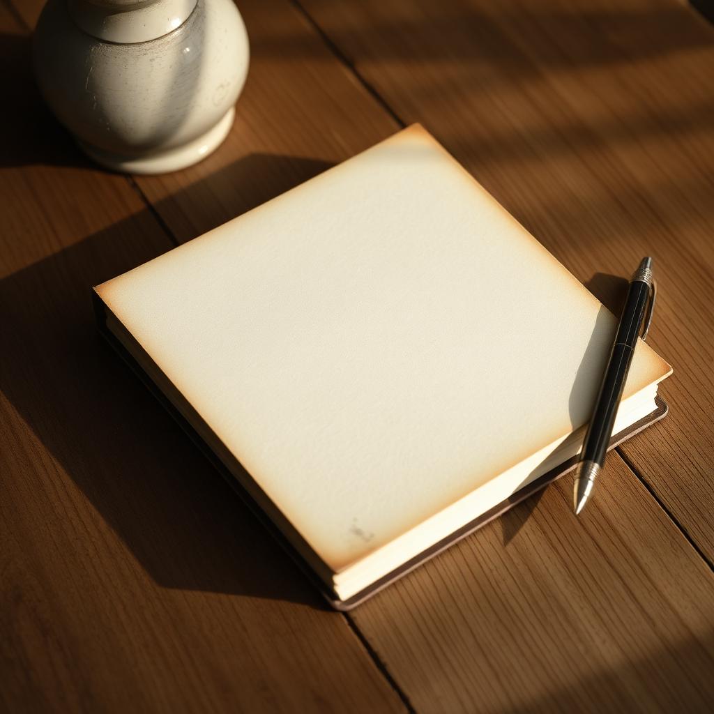 A journal and pen on a wooden table in warm light